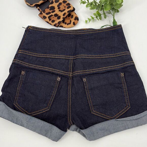 Miss Selfridge UK High Waist Stretch Denim‎ Button Shorts Side Zip Dark Blue 0 - Picture 2 of 9